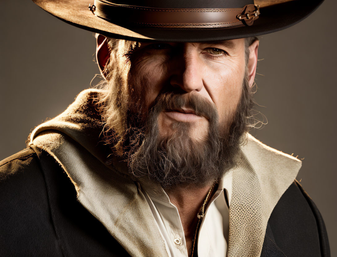 Bearded man in cowboy hat and poncho with stern expression