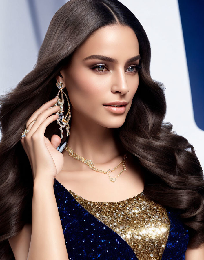 Woman with Glossy Wavy Hair in Sparkly Gold and Blue Attire