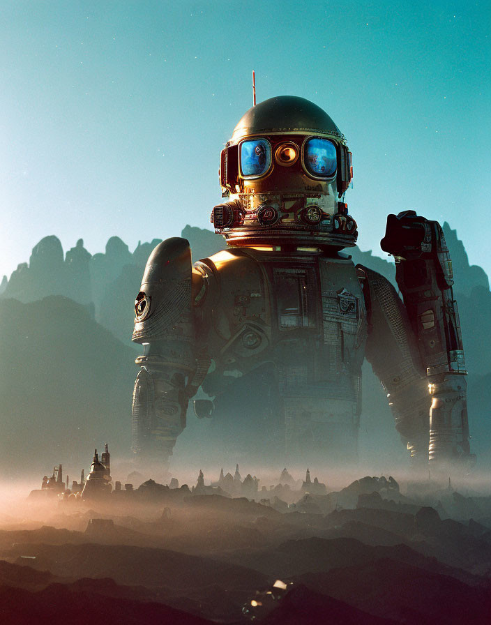 Gigantic humanoid robot in foggy rocky terrain with cityscape view