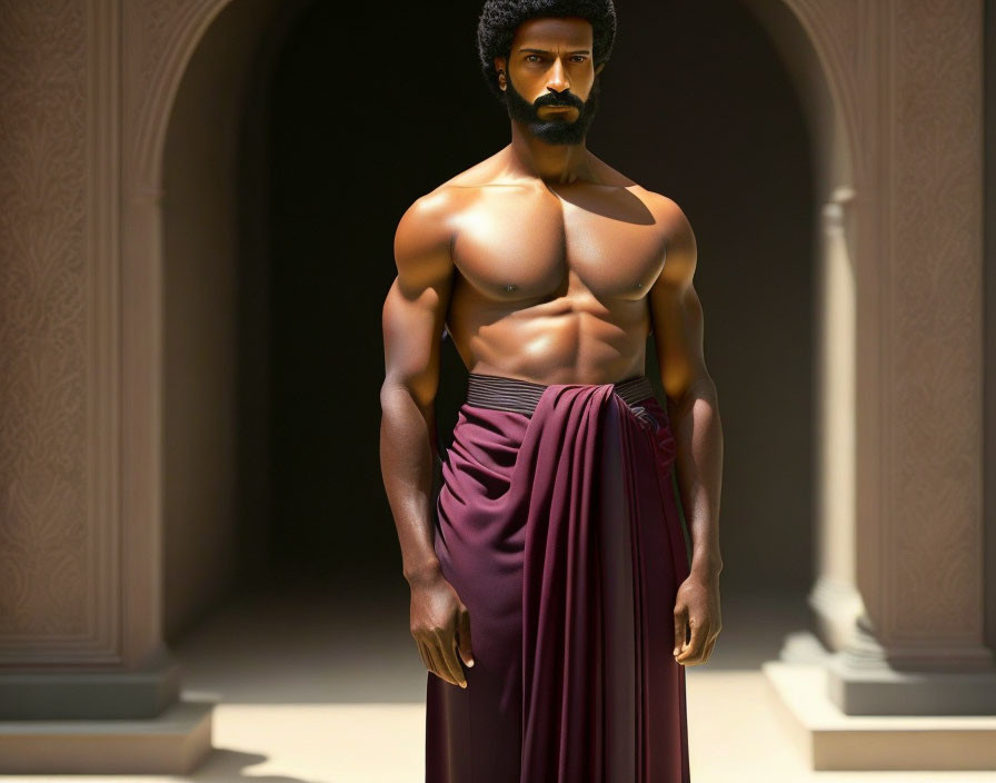 Muscular man with afro in maroon cloth poses in classic architecture