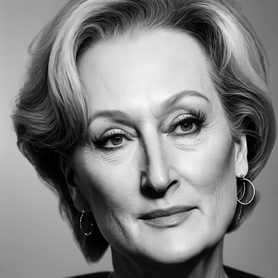 Monochrome portrait of senior woman with short wavy hair and hoop earrings