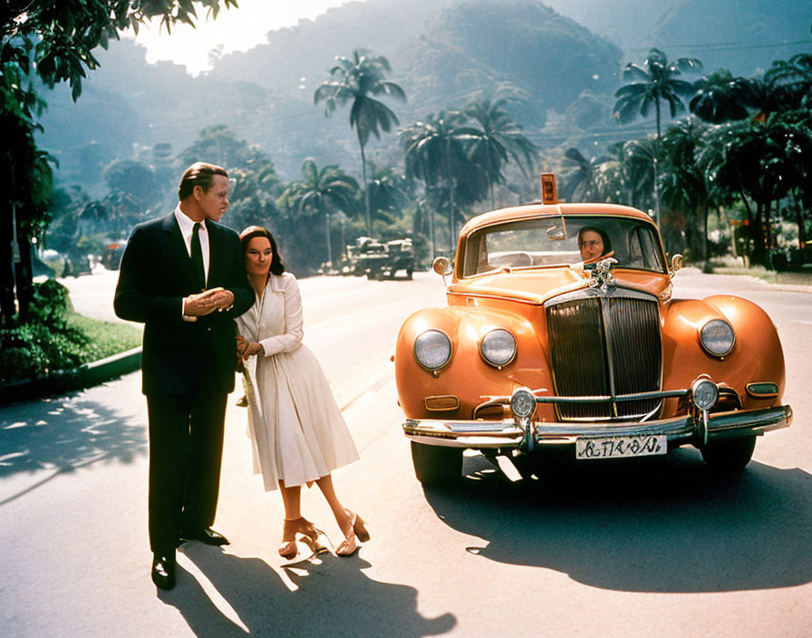 Couple in Formal Attire by Classic Car on Sunny Road