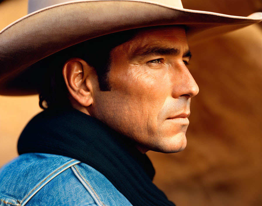 Cowboy hat man in denim clothes with stern expression on warm background