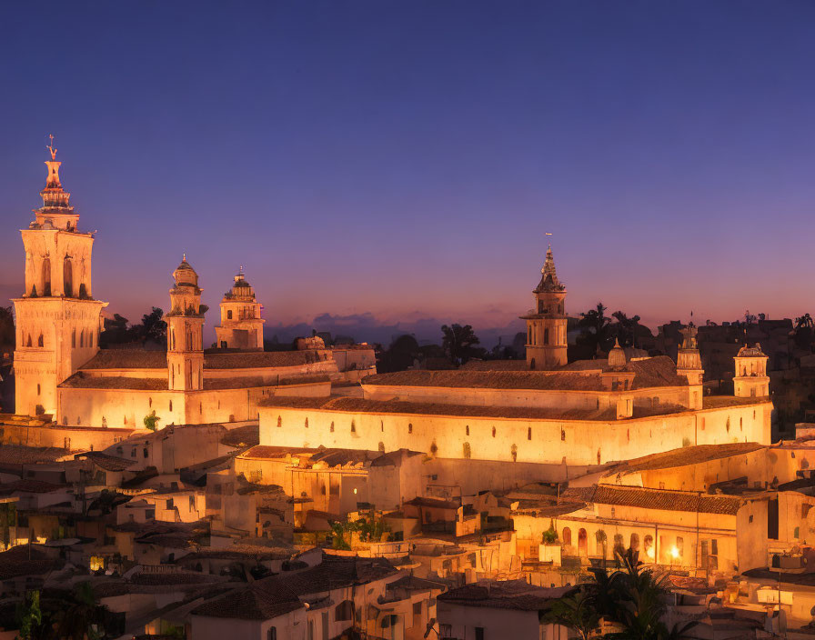 Historic cityscape with illuminated bell towers at twilight