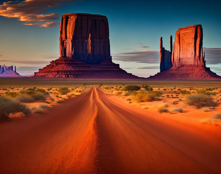 Scenic desert road with red sandstone buttes under blue sky at dusk