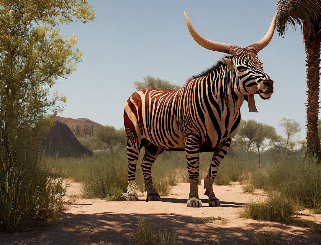 Fantastical creature with zebra stripes and rhino body in desert landscape