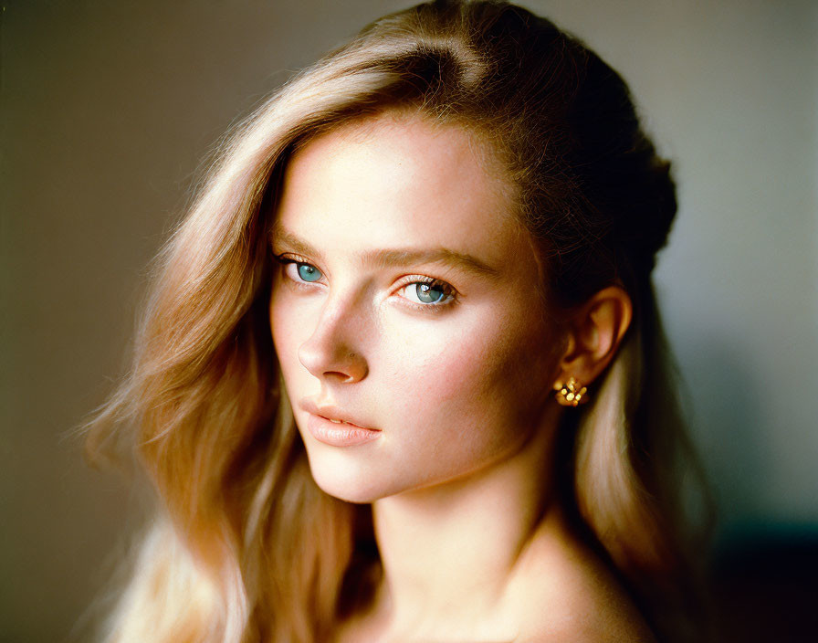 Young woman with long blond hair and blue eyes in a portrait with a subtle smile.