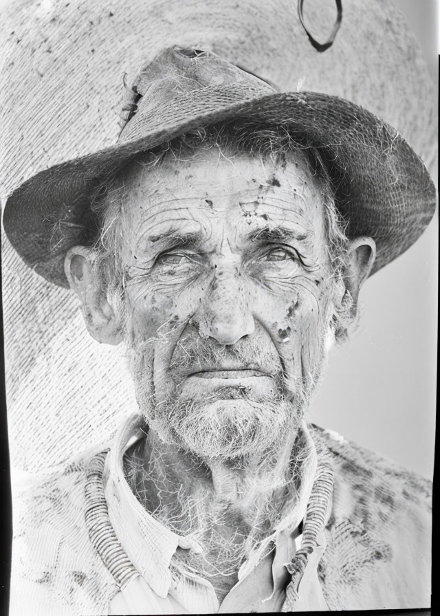 Elderly man with weathered skin and scruffy beard in battered hat