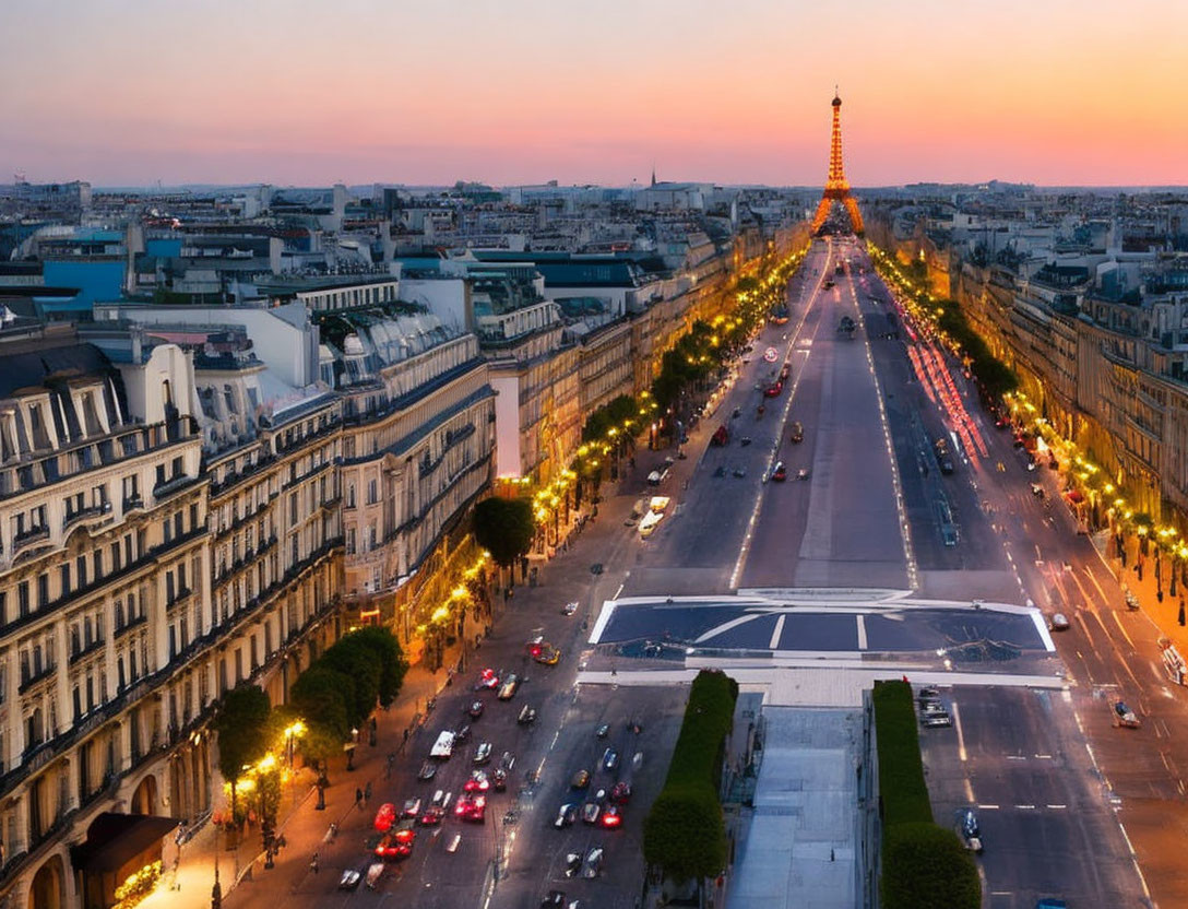 Twilight aerial view of Champs-Élysées and illuminated Eiffel Tower