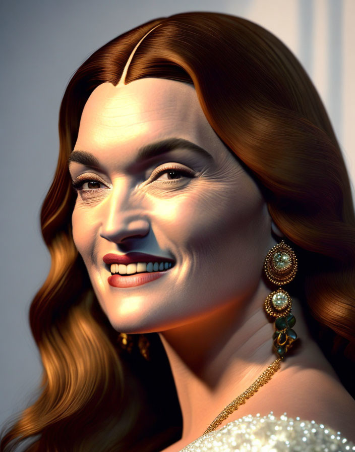 Smiling woman in 3D with realistic skin texture and elegant attire