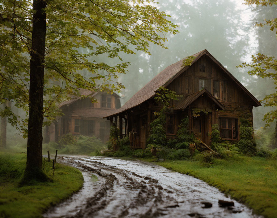 Rustic wooden cabin in misty forest with muddy path