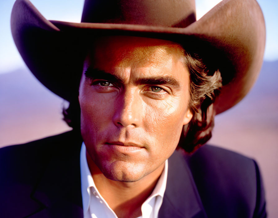 Tanned man in cowboy hat and navy shirt outdoors with desert backdrop