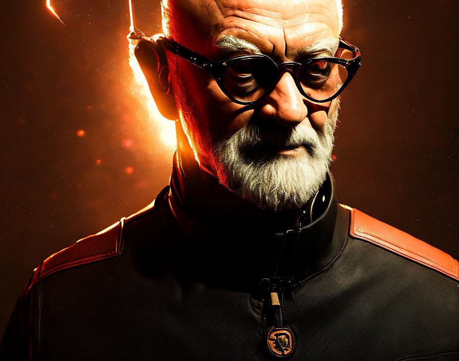 Intense bearded man with glasses in dramatic orange-lit setting