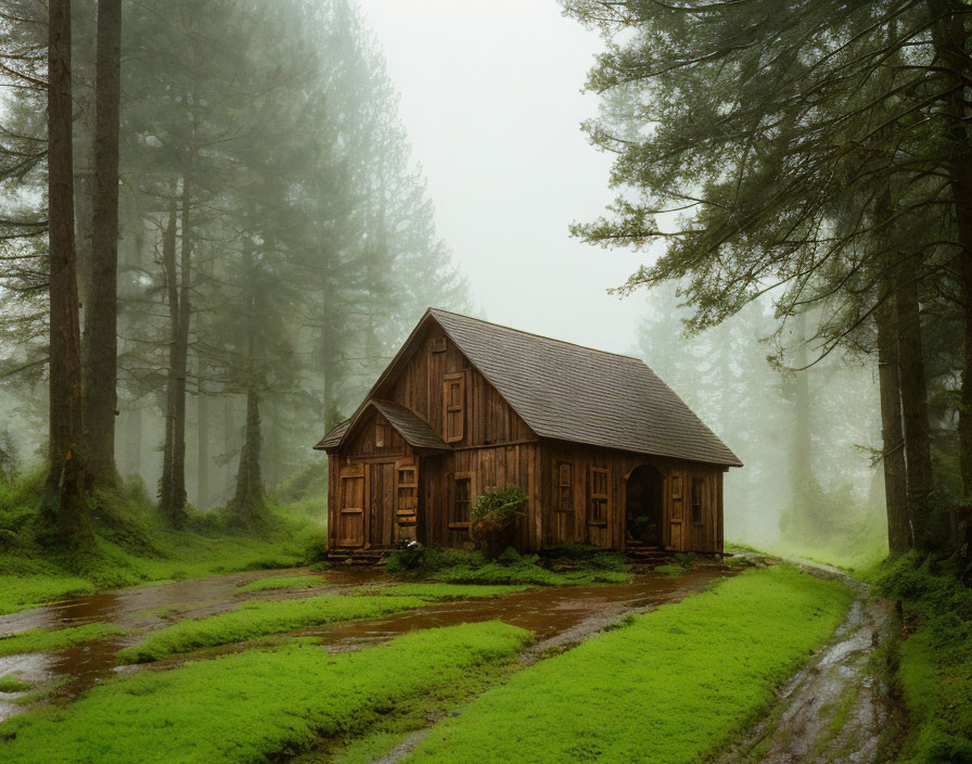 Rustic wooden cabin in misty forest setting