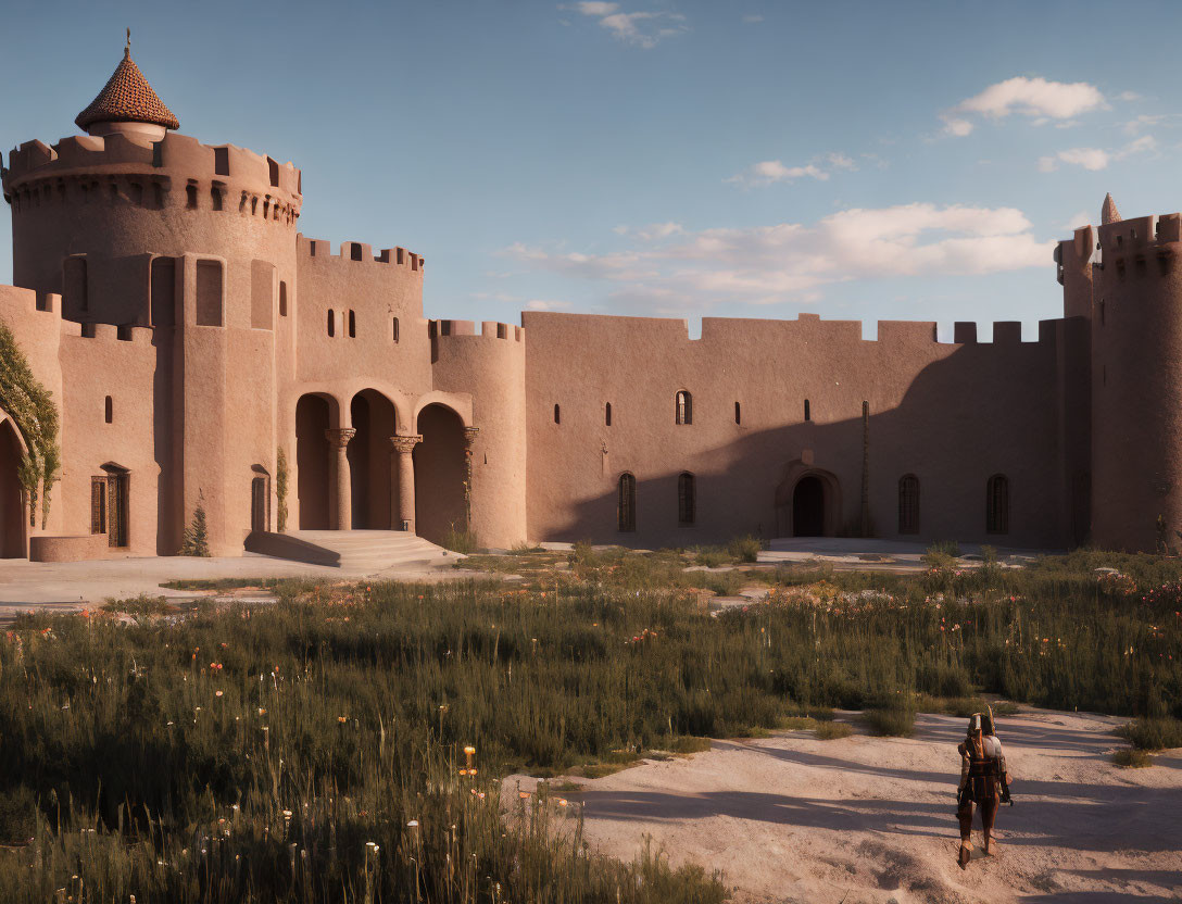 Illustration of two figures approaching a sandy fortress with towers and open gates under a clear sky