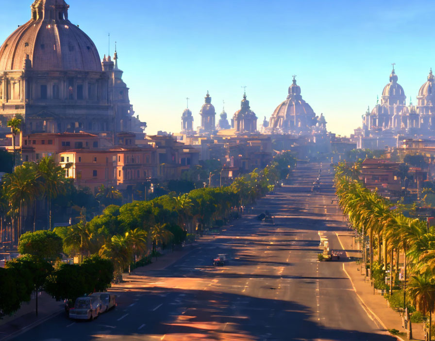 Sunlit Boulevard with Palm Trees and Ornate Buildings under Clear Blue Sky