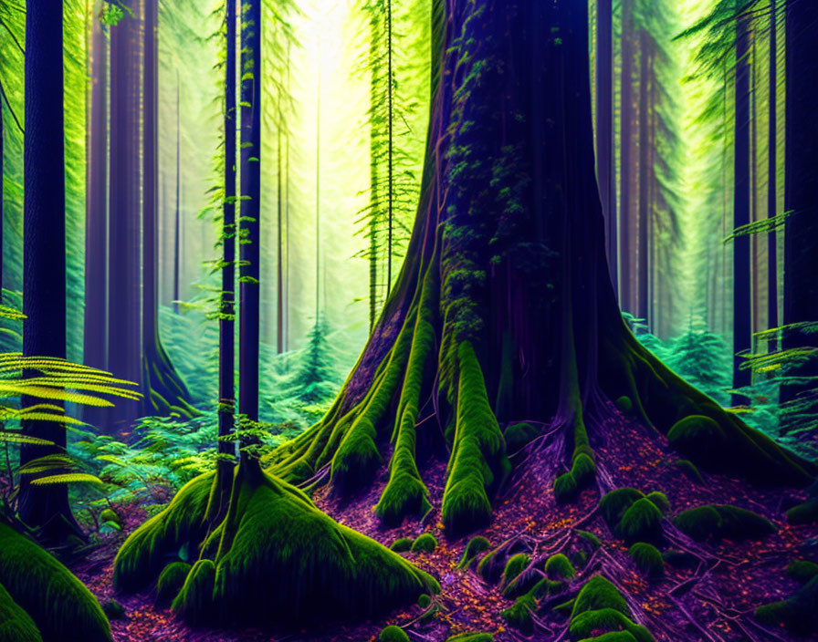 Serene mystical forest with towering trees and vibrant greenery