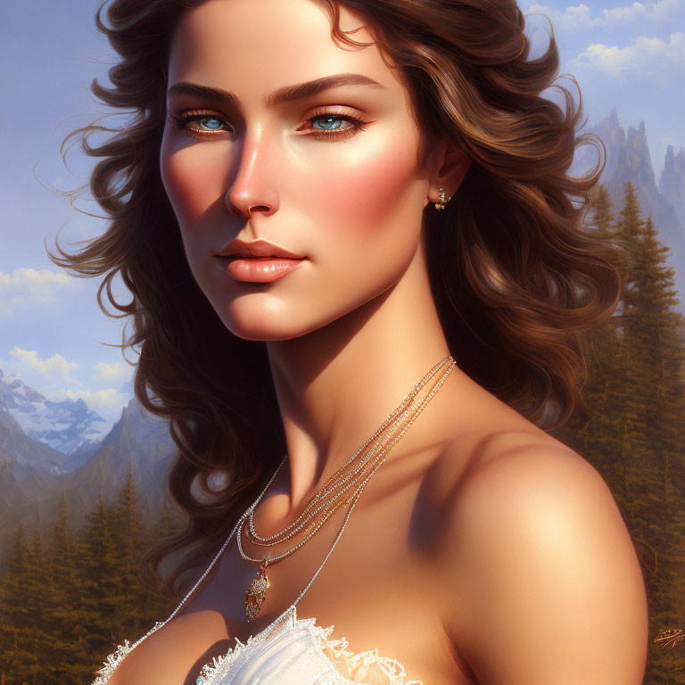 Woman with Wavy Hair and Blue Eyes in Mountain Landscape Portrait