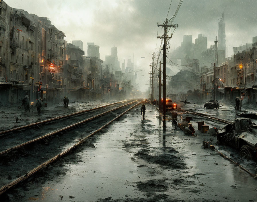 Dystopian cityscape in rain: decrepit buildings, abandoned cars, lone figure.