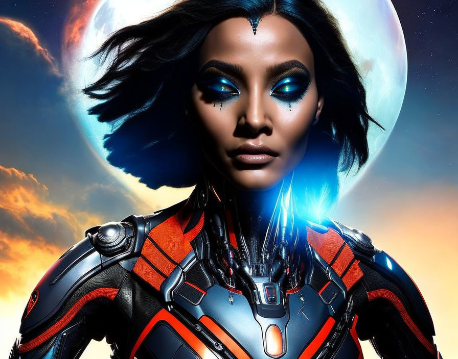 Futuristic woman with blue eye makeup in high-tech suit amid celestial backdrop