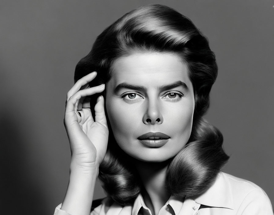 Monochrome portrait of woman with voluminous hair and dark lipstick