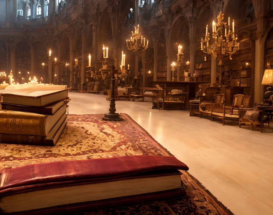 Luxurious Library with Chandeliers, Antique Furniture, and Large Books