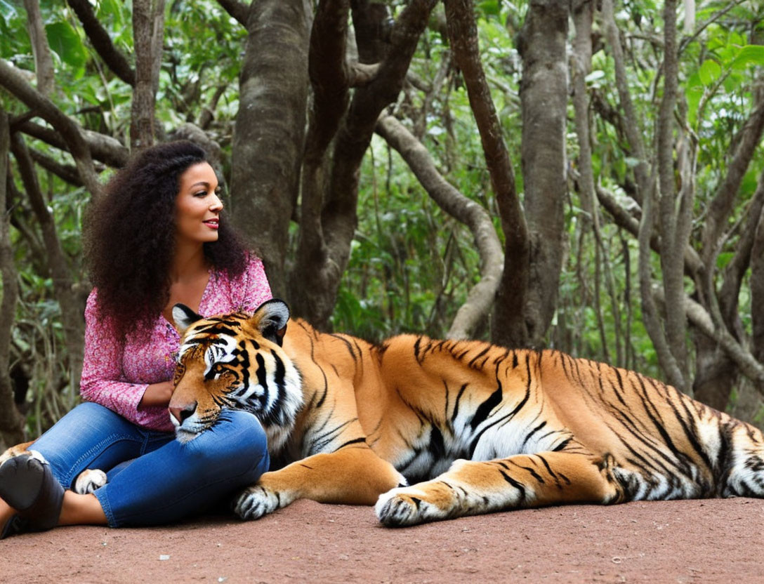 Curly-haired woman sitting with tiger in forest setting