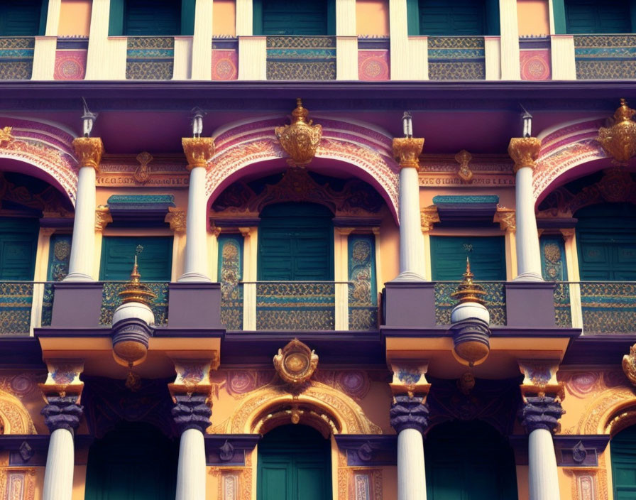 Vibrant façade with gold embellishments, purple and pink stripes, and green windows.