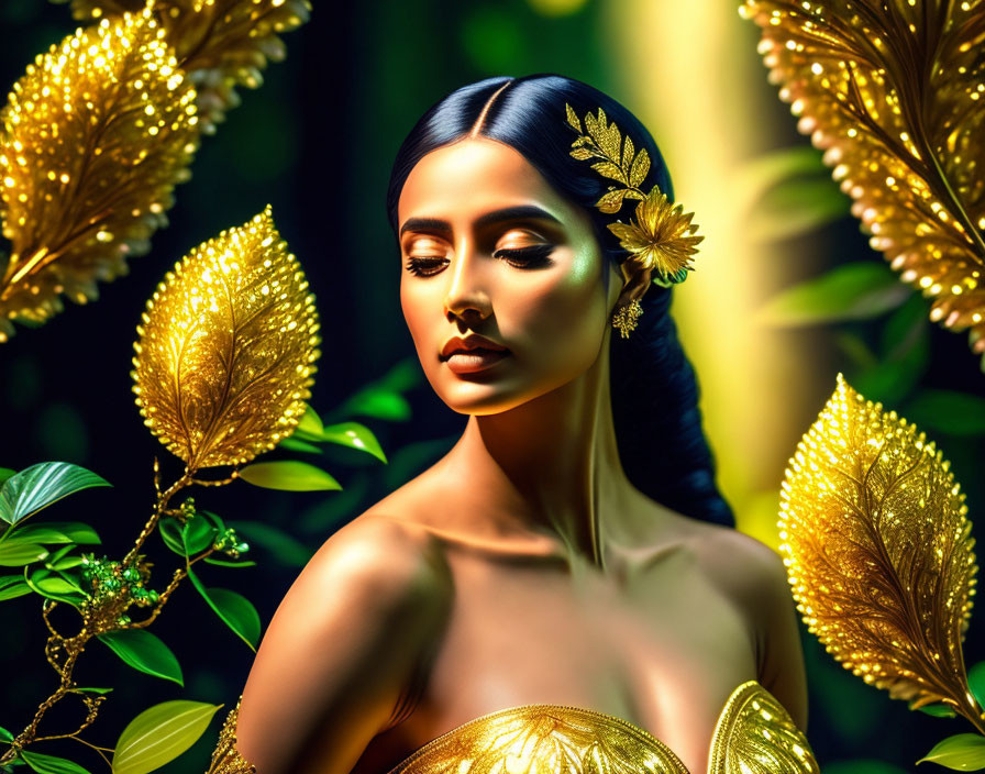 Woman with Gold Leaf Hair Accessories Surrounded by Serene Golden Leaves