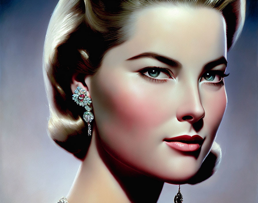 Vintage-inspired portrait of a woman with classic features and sparkling earrings