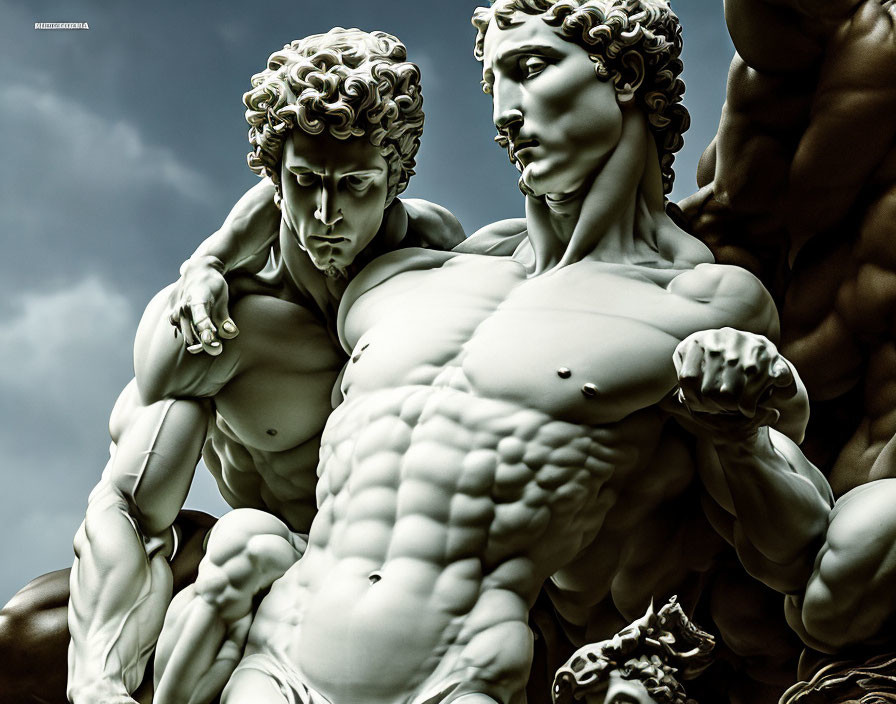 Detailed Sculpture: Two Muscular Male Figures with Intense Gaze in Cloud Surroundings