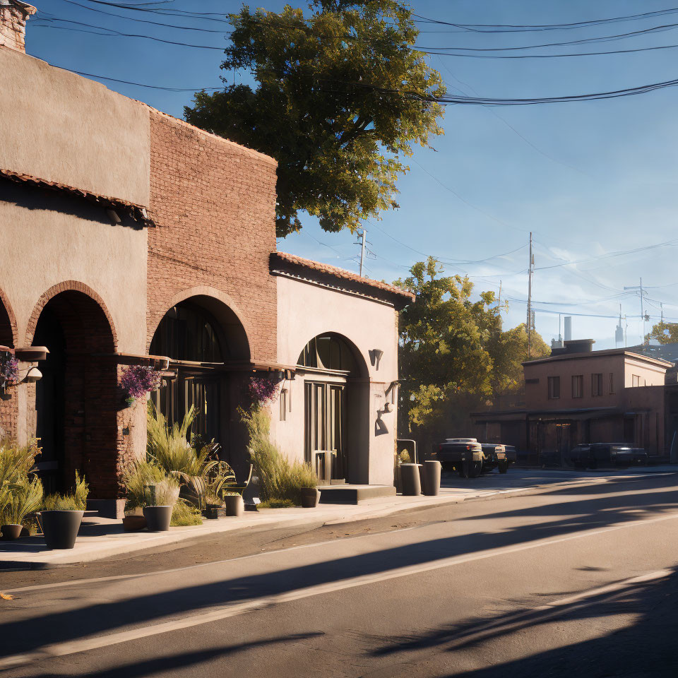 Rustic buildings and potted plants in tranquil street scene