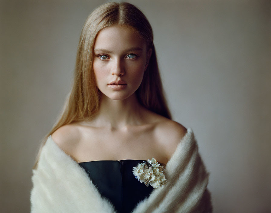 Blonde woman in black top with fur shawl and floral accessory