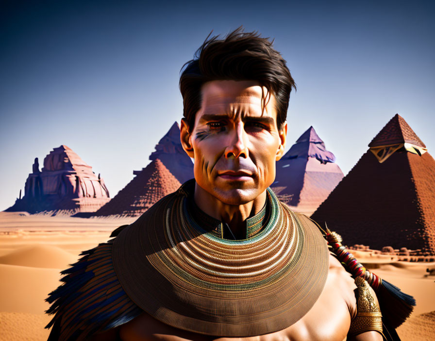 Digital portrait: man with Egyptian headdress, Great Pyramids backdrop