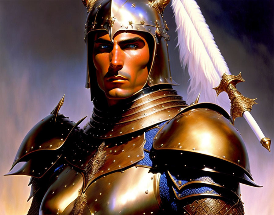 Knight in Shining Armor Digital Art: Plumed Helmet, Blue Eyes, Intense Gaze