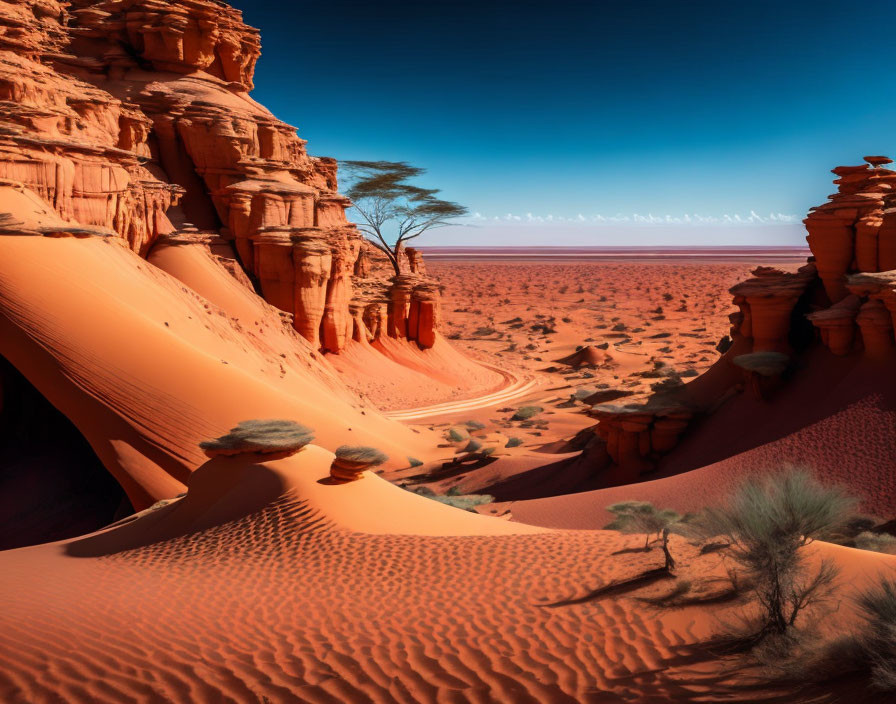 Red Sand Dunes and Rock Formations in Desert Landscape