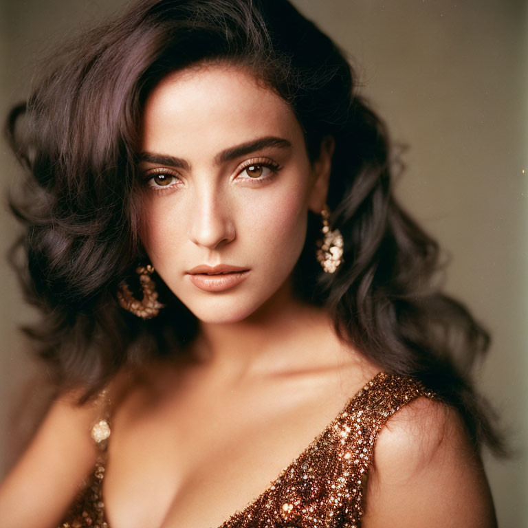 Portrait of woman with dark hair in golden earrings and sequined outfit