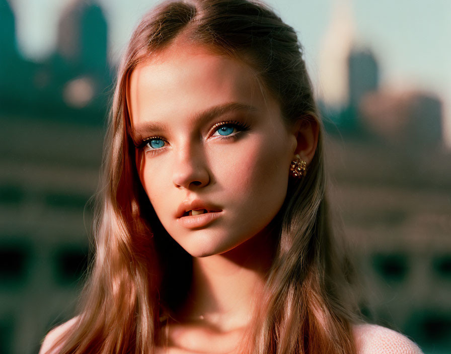 Blonde woman with blue eyes and cityscape background