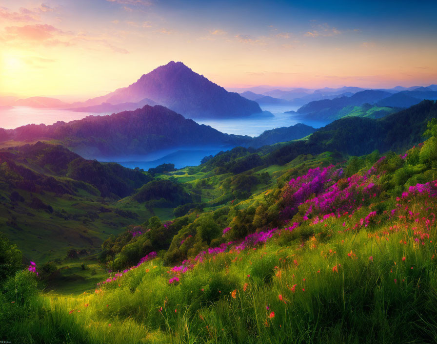 Scenic sunrise over misty valley and layered mountains amid lush green hills.