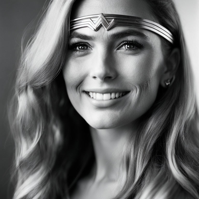 Smiling woman with wavy hair in Wonder Woman tiara portrait