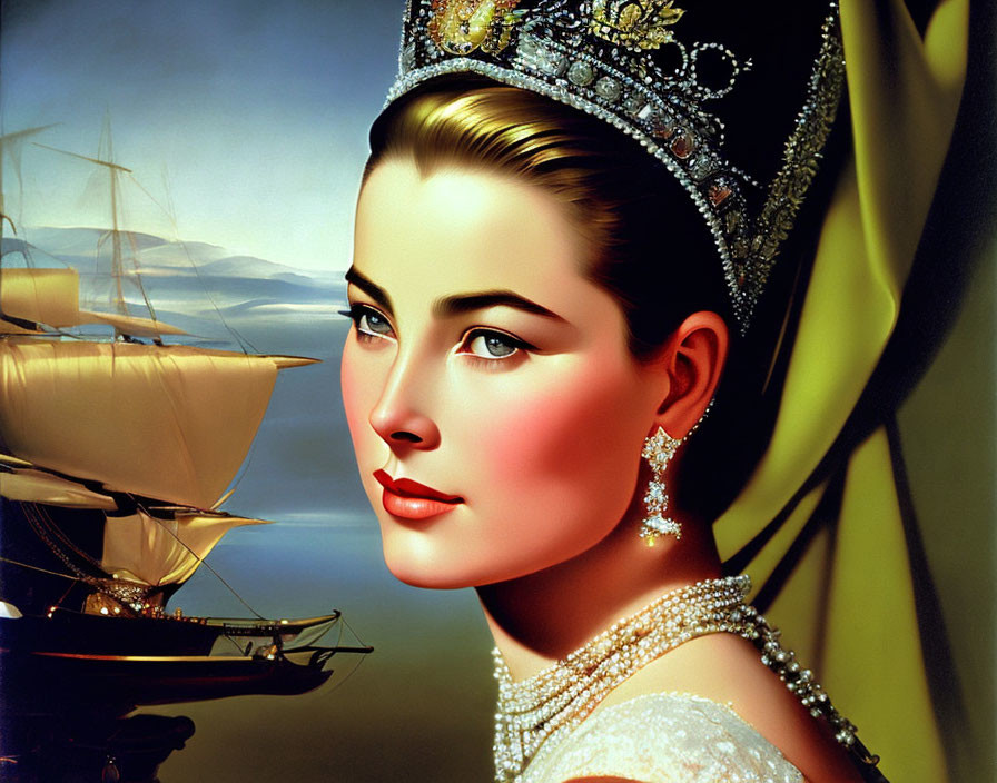 Illustrated woman with jeweled tiara and sailboat against sunset sky