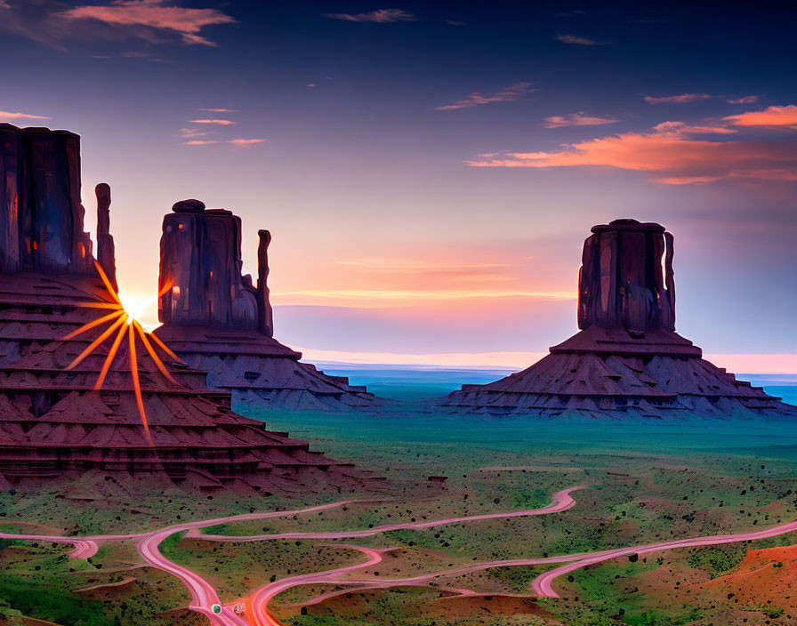 Majestic sunrise over towering rock formations and winding road in Monument Valley