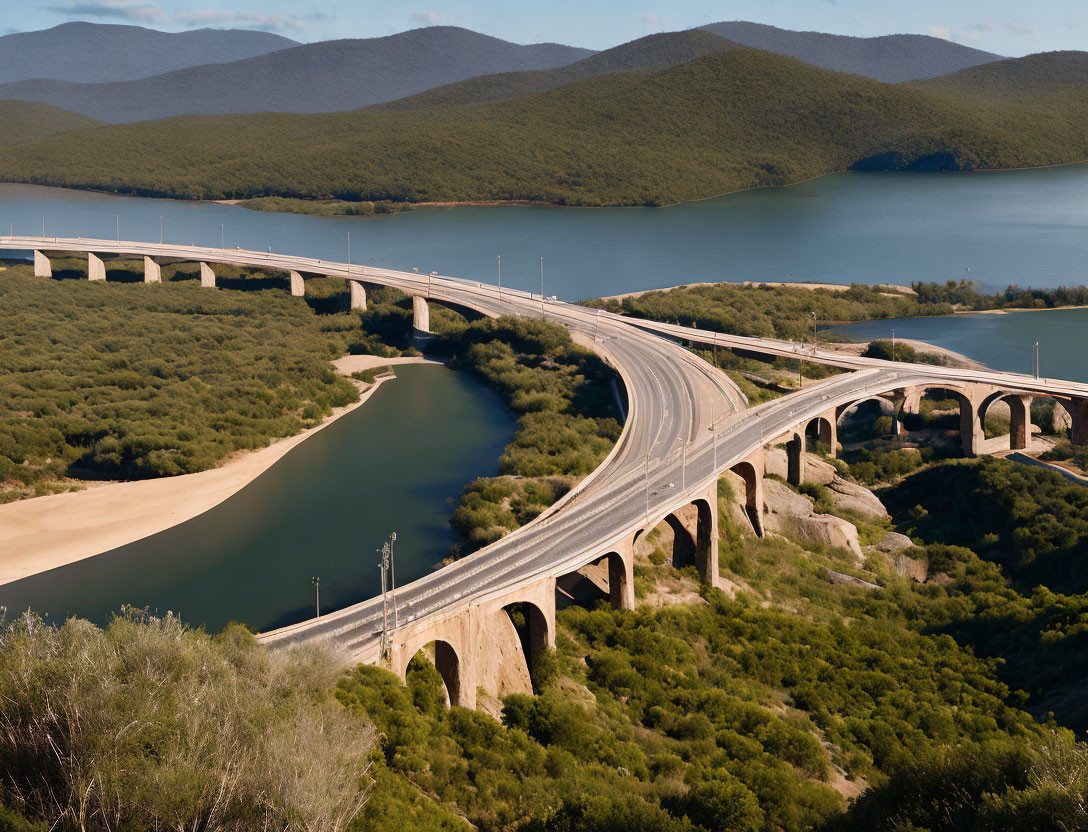 Multi-Span Bridge Over River with Greenery and Mountains