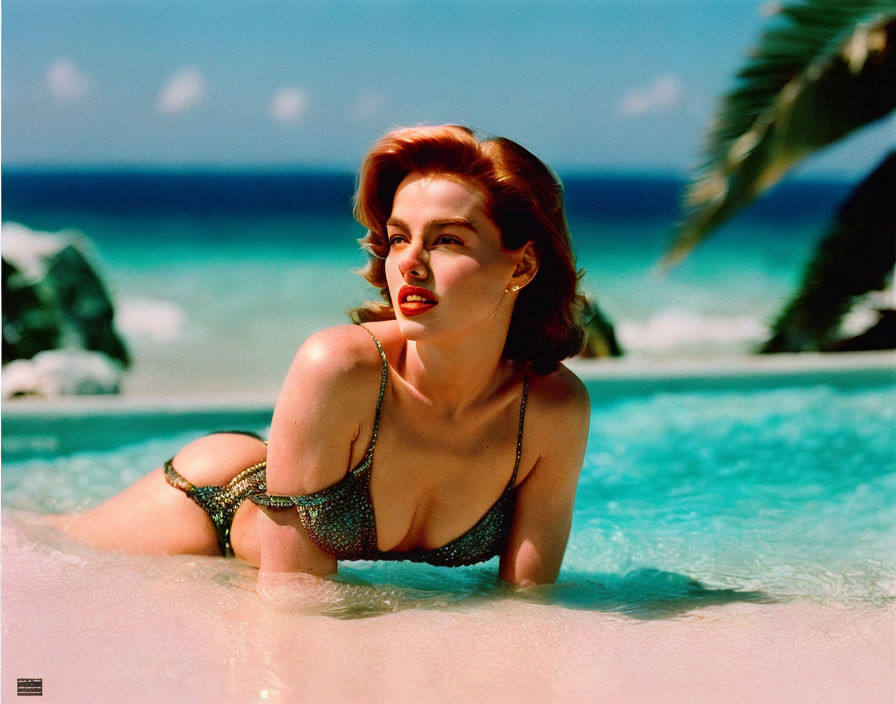 Woman in sparkly bikini on tropical beach with palm trees and clear blue water