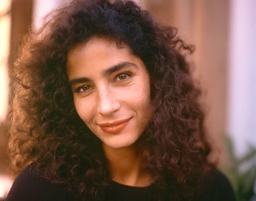 Smiling woman with curly hair in black top on blurred background