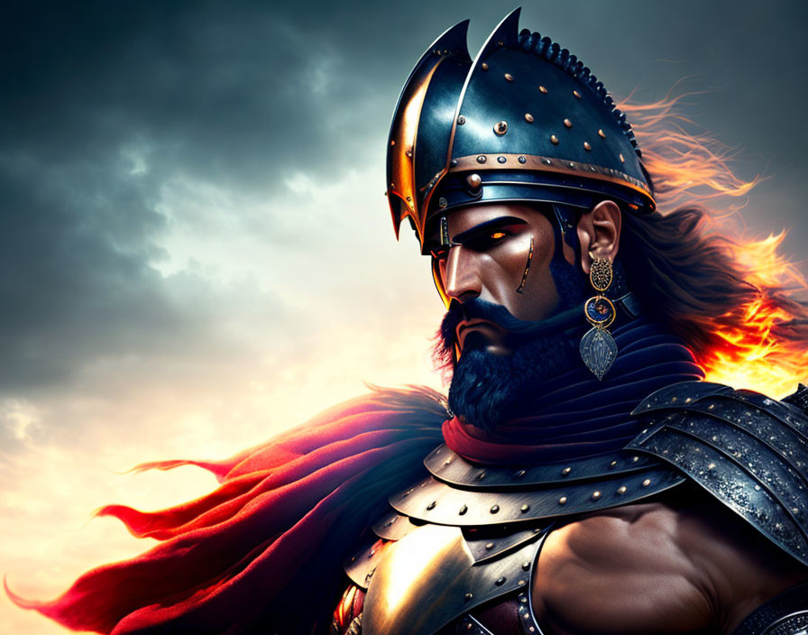 Illustrated warrior with plumed helmet and fiery cape under stormy sky