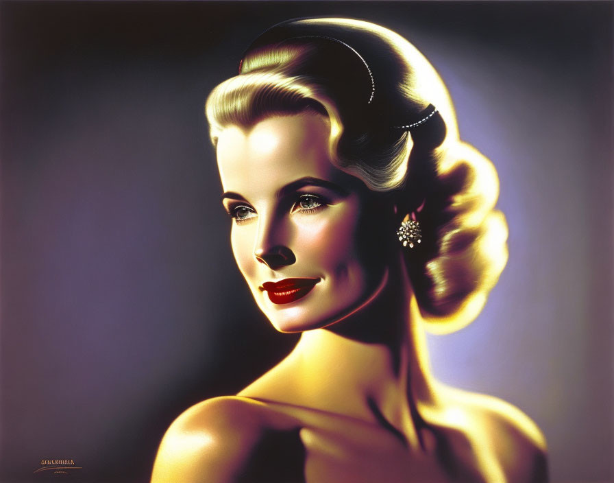 Vintage Portrait of Woman with Elegant Hairstyle and Sparkling Earring