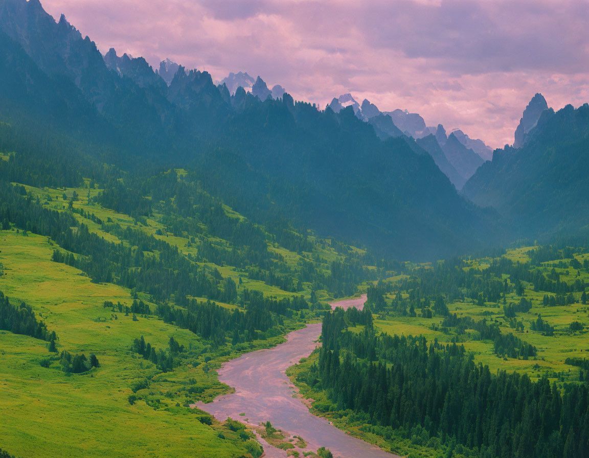 Serene landscape: meandering river, lush valleys, misty mountains