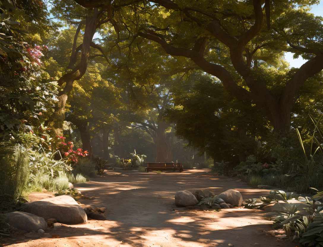 Tranquil Park Path with Greenery and Sunlight