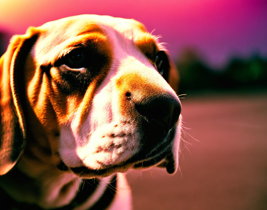 Beagle dog close-up with pink and purple sunset sky